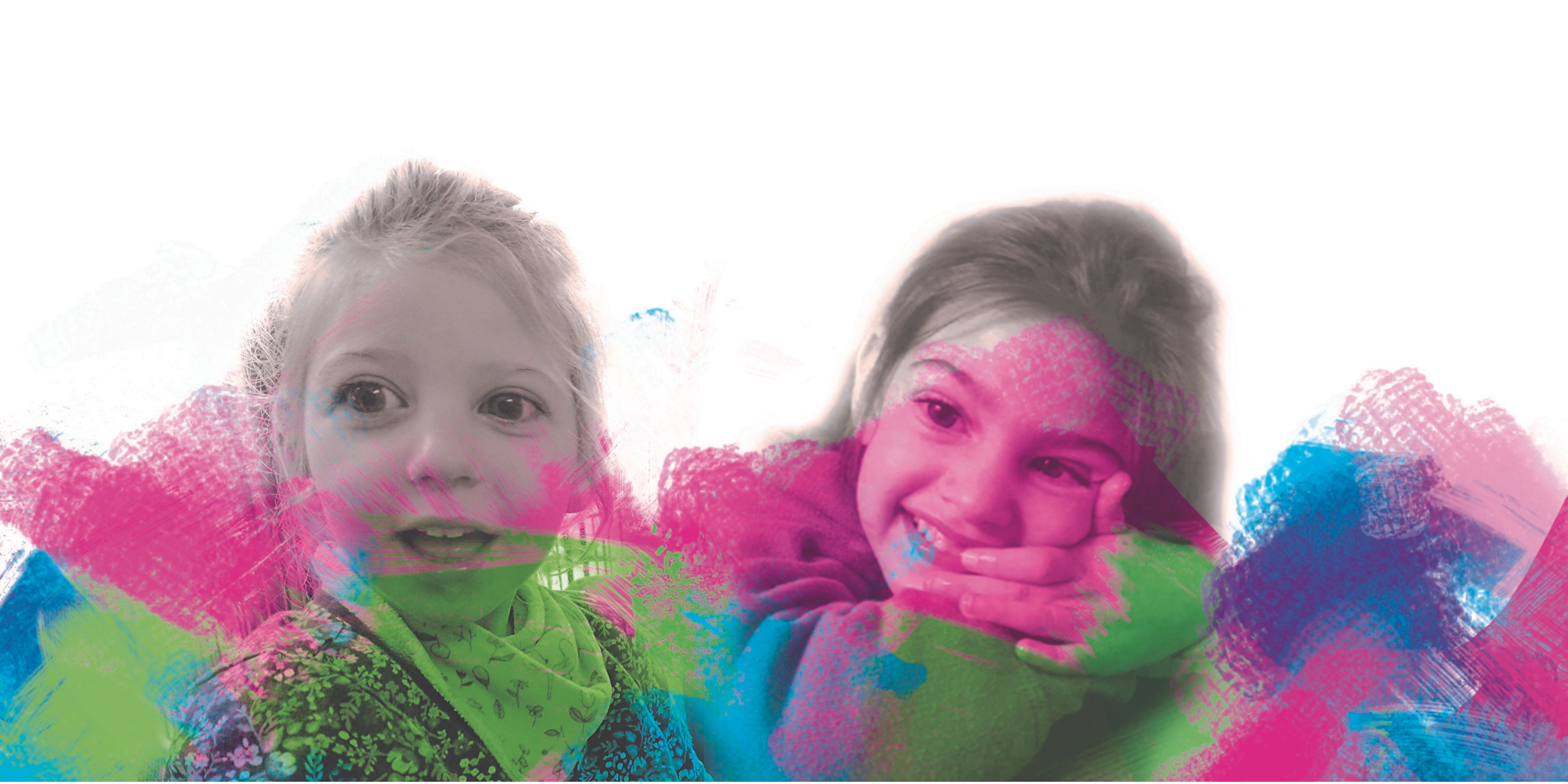 The top half of two beautiful young girls smiling overlaid with pink, green and blue brush strokes