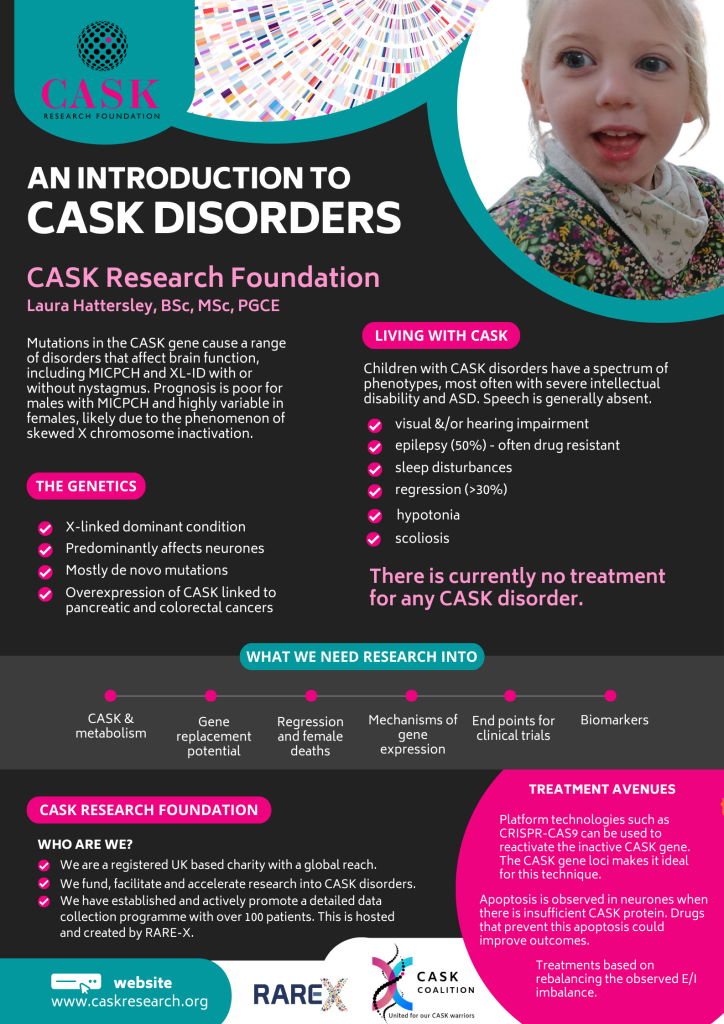 A large A0 poster with black background and bright pinks describing CASK disorders